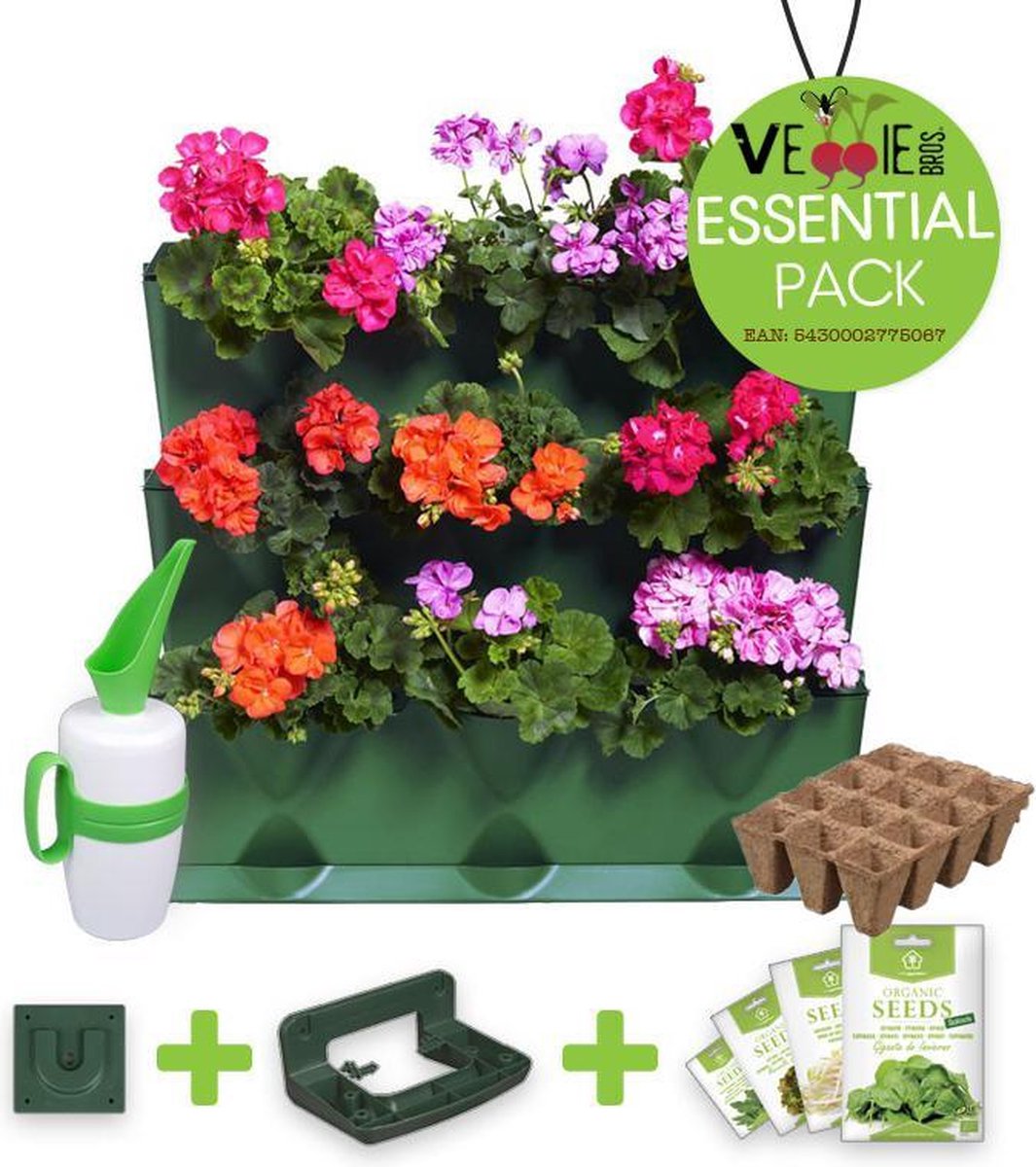 Minigarden® Vertical - verticale tuin - verticaal tuinieren - ESSENTIAL PACK met gieter, ophangingsbeugel en verankeringclips, inclusief 4 saladezaden & 12 zaaipotjes - GROEN