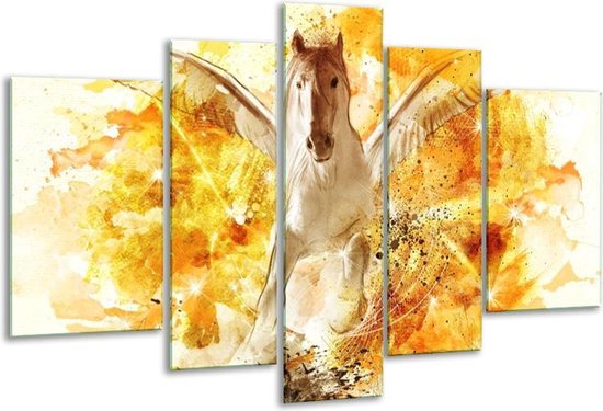 Glasschilderij Paard - Geel, Wit, Goud - 170x100cm 5Luik - Foto Op Glas - Geen Acrylglas Schilderij - 6000+ Glasschilderijen Collectie - Wanddecoratie