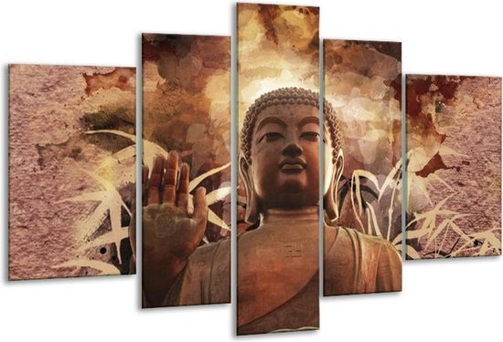Glasschilderij Boeddha - Bruin, Wit - 170x100cm 5Luik - Foto Op Glas - Geen Acrylglas Schilderij - 6000+ Glasschilderijen Collectie - Wanddecoratie