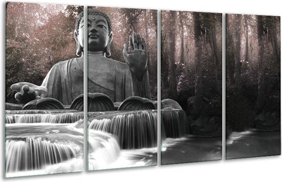 GroepArt - Glasschilderij - Boeddha, Natuur - Grijs, Bruin - 160x80cm 4Luik - Foto Op Glas - Geen Acrylglas Schilderij - 6000+ Glasschilderijen Collectie - Wanddecoratie