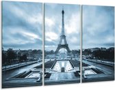 Glasschilderij Parijs, Eiffeltoren - Blauw, Grijs - 120x80cm 3Luik - Foto Op Glas - Geen Acrylglas Schilderij - GroepArt 6000+ Glas Art Collectie - Maatwerk Mogelijk