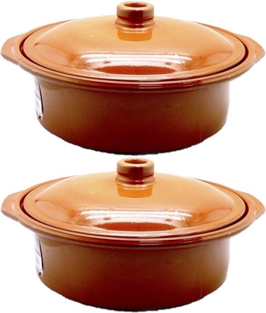 Set van 2x stuks tapas terracotta ovenschalen/stoofpotten cocotte met deksel 30 cm - Braadpannen van steen