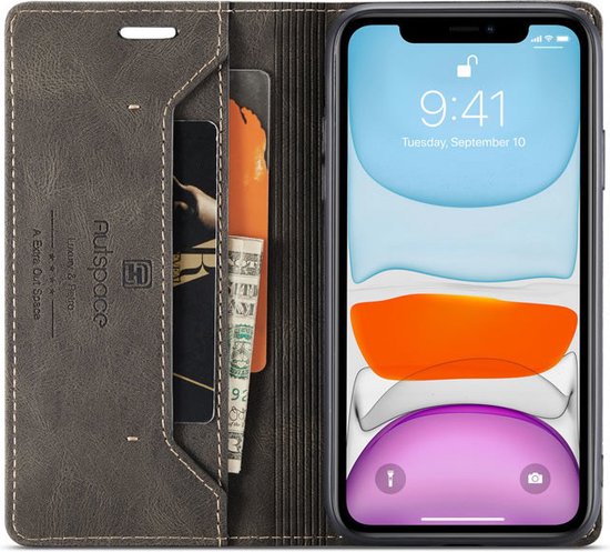 AutSpace - Etui iPhone 11 Pro Max - Etui portefeuille - Fermeture magnétique - avec protection RFID - Marron