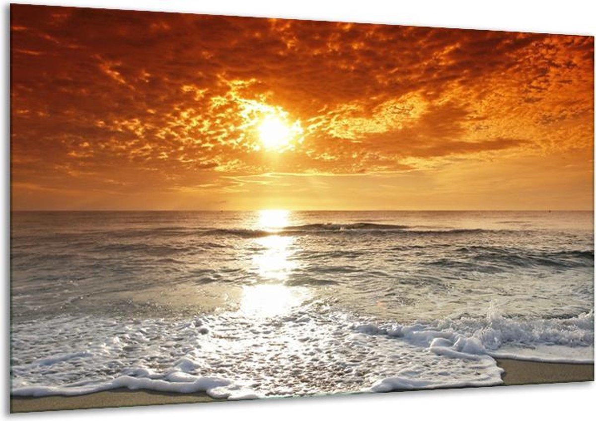 Glasschilderij Zonsondergang - Geel, Oranje, Grijs - 120x70cm 1Luik - Foto Op Glas - Geen Acrylglas Schilderij - GroepArt 6000+ Glasschilderijen Art Collectie - Wanddecoratie - Woonkamer - Slaapkamer