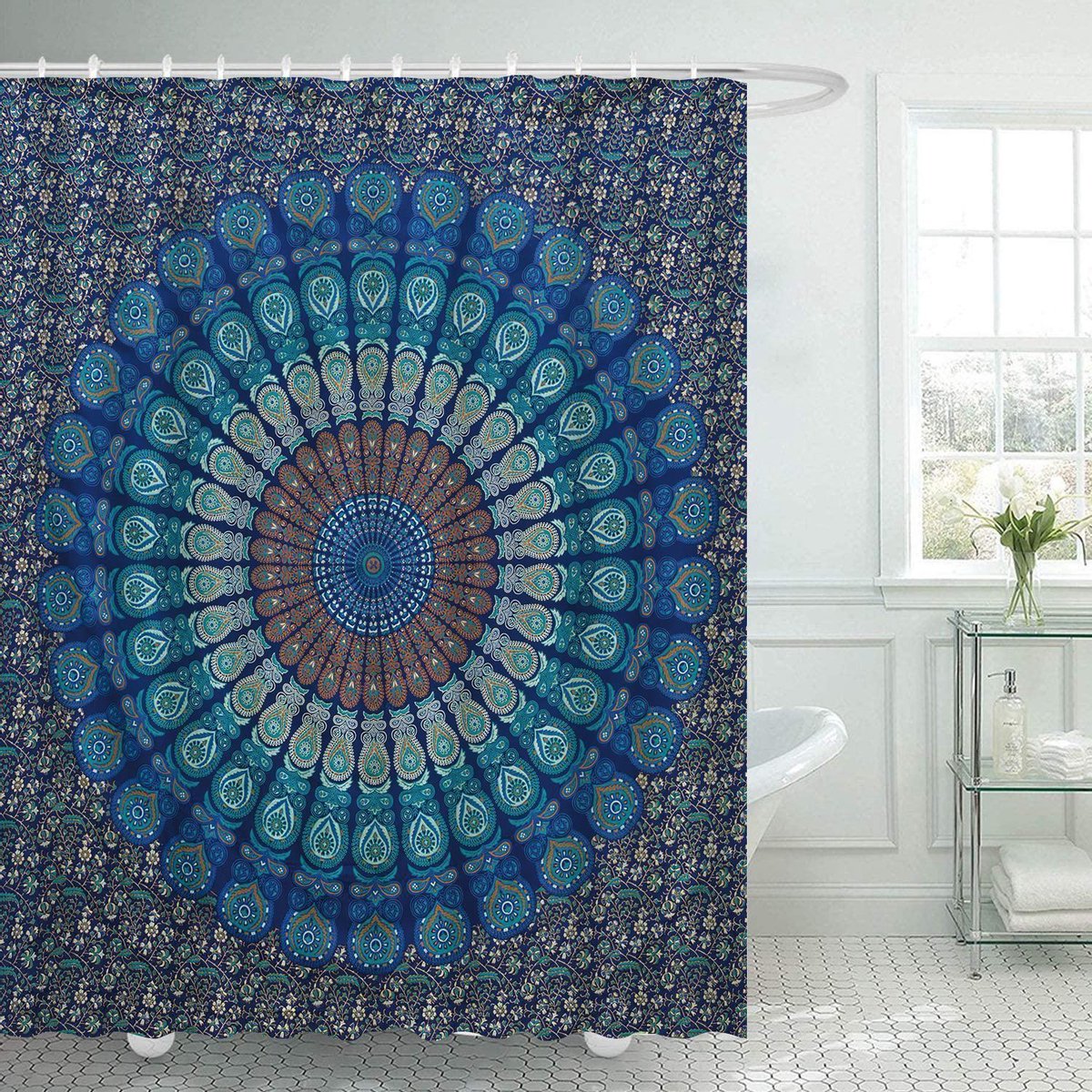 Ulticool Douchegordijn - Mandala Kleed - 180 x 200 cm - semi Transparant - met 12 Ringen Wit - anti Schimmel - Blauw