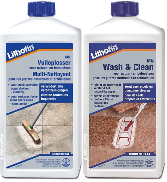 Lithofin MN Onderhoudsset - Vuiloplosser (intensiefreiniger) en Wash & Clean (onderhoudsreiniger) - NATUURSTEEN - 2 x 1L
