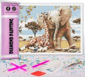 Diamond Painting 30 x 40 Olifant en Giraffe - Pakket voor Volwassen en Kinderen met Ronde Steentjes – Volledig Inclusief Accessoires - Pen - Schudbakje - Wax - Pincet
