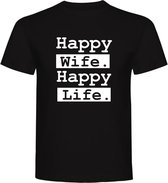 T-Shirt - Casual T-Shirt - Fun T-Shirt - Fun Tekst - Lifestyle T-Shirt - Mood - Happy Wife Happy Life - Zwart - XS