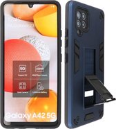 Hoesje met Magnetic Stand Hard Case Geschikt voor de Samsung Galaxy A42 5G - Stand Shockproof Telefoonhoesje - Grip Stand Back Cover - Navy