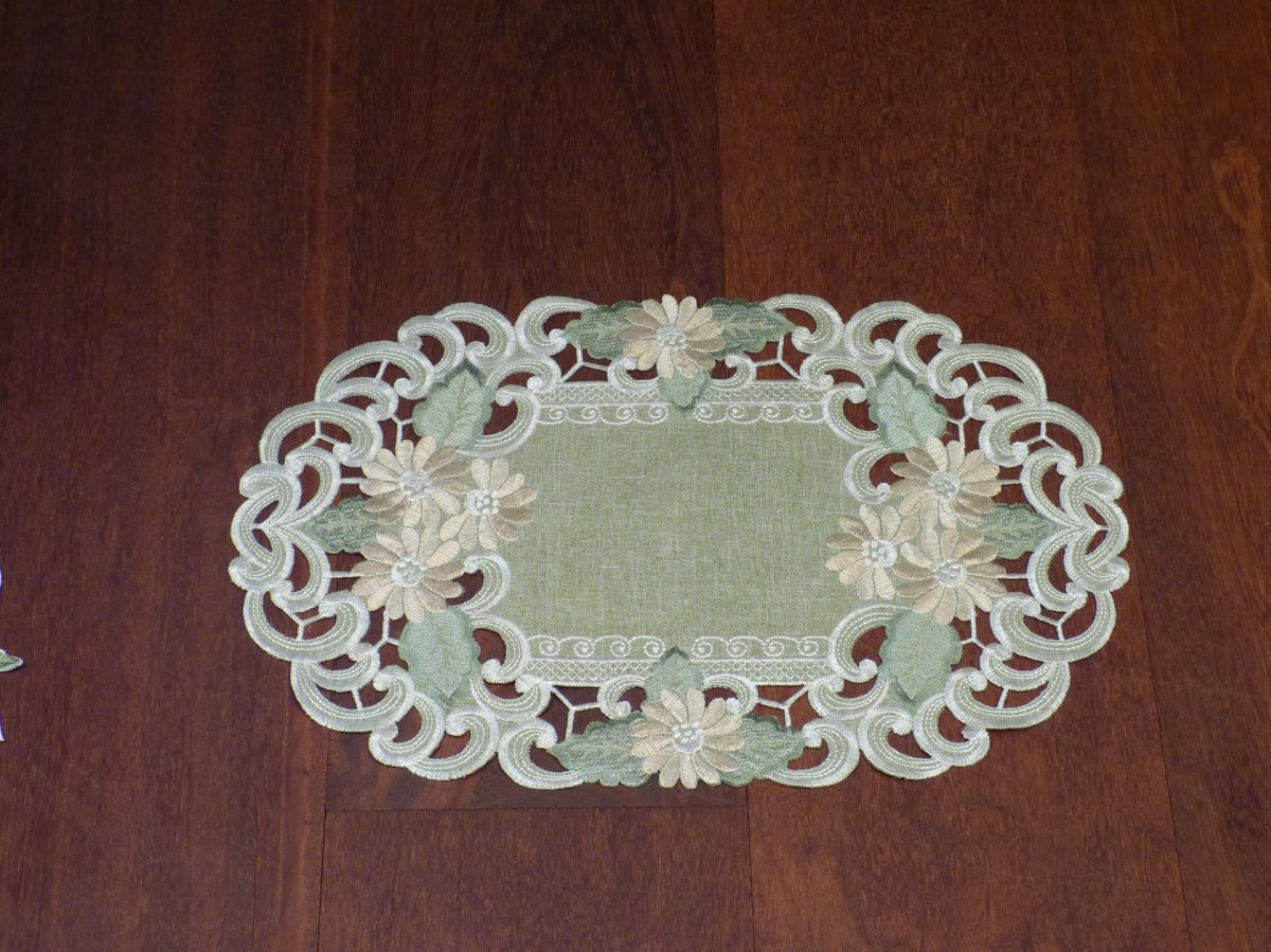 Tafelloper - Linnenlook - Groen met bloemen - Loper 45 cm