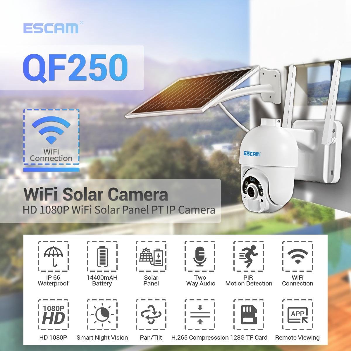 Escam QF250 - Beveiligingscamera buiten met zonnepaneel | Wifi & App | Full HD | Draadloos | Night Vision | Pan/Tilt