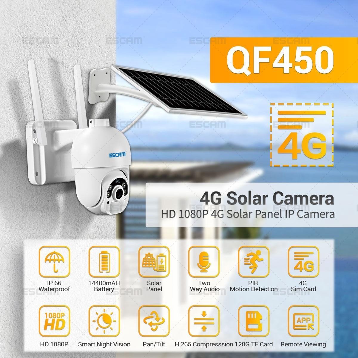 Escam QF450 - Beveiligingscamera buiten met zonnepaneel | Luxe | 4G | App | Full HD | Draadloos | Night Vision | Pan/Tilt
