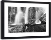 Foto in frame ,Boeddha voor een Waterval , 120x80cm , Zwart wit, Premium print