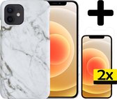 Hoesje Geschikt voor iPhone 12 Mini Hoesje Marmer Case Hard Cover Met 2x Screenprotector - Hoes Geschikt voor iPhone 12 Mini Case Marmer Hoesje Backcover - Wit