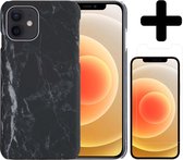 Hoesje Geschikt voor iPhone 12 Hoesje Marmer Case Hard Cover Met Screenprotector - Hoes Geschikt voor iPhone 12 Case Marmer Hoesje Backcover - Zwart