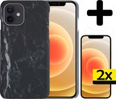 Hoesje Geschikt voor iPhone 12 Hoesje Marmer Case Hard Cover Met 2x Screenprotector - Hoes Geschikt voor iPhone 12 Case Marmer Hoesje Backcover - Zwart