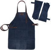 Leren Schort + Leren Handschoenen - Lederen Schort – Blauw - Kokschort - BBQ Schort - Kookschort - Vaderdag - 81 cm x 56 cm