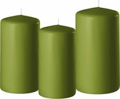 Set van 3x stuks olijf groene stompkaarsen 10-12-15 cm met diameter 6 cm - Sfeer kaarsen voor binnen