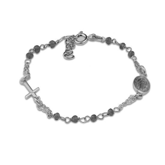 Silventi 910481421 Bracelet Argent - Fermoir Ajustable - Croix - Scapulaire - Grijs Foncé - 16+3 cm - Rhodium - Argent