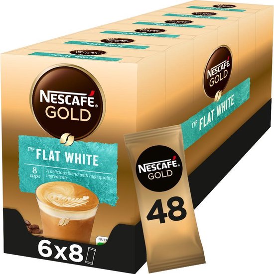 Nescafé Gold Flat White oploskoffie - 6 doosjes à 8 zakjes