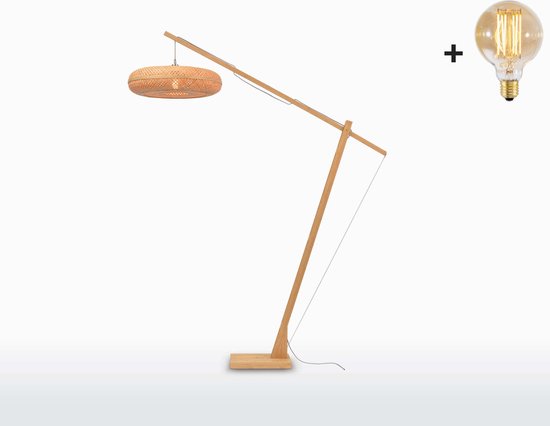 Vloerlamp - PALAWAN - Large Bamboe Voetstuk (h. 220 cm) - Naturel Kap (60x15 cm) - Met LED-lamp