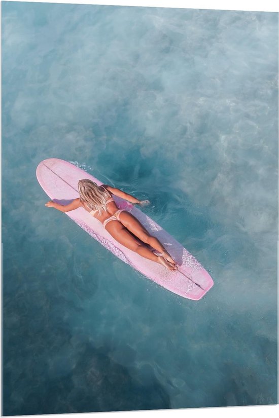 Acrylglas - Roze Surfbord met Surfster - Foto op Acrylglas (Wanddecoratie op Acrylglas)