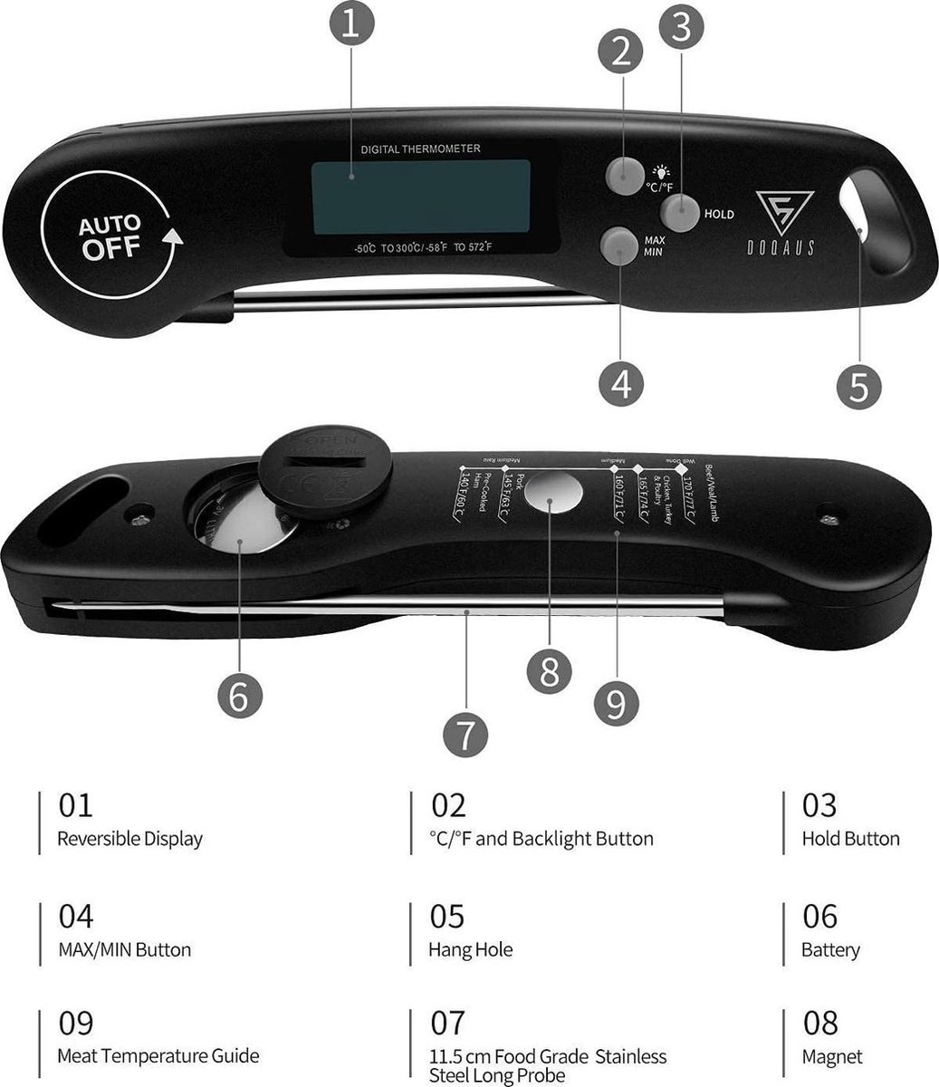 Thermomtre Viande,thermometre Cuisine,sonde Temperature De Cuisson Des  Aliments Lecture Instantane Numrique Avec Grand Cran Lcd/ Bouton Pour  Boisson