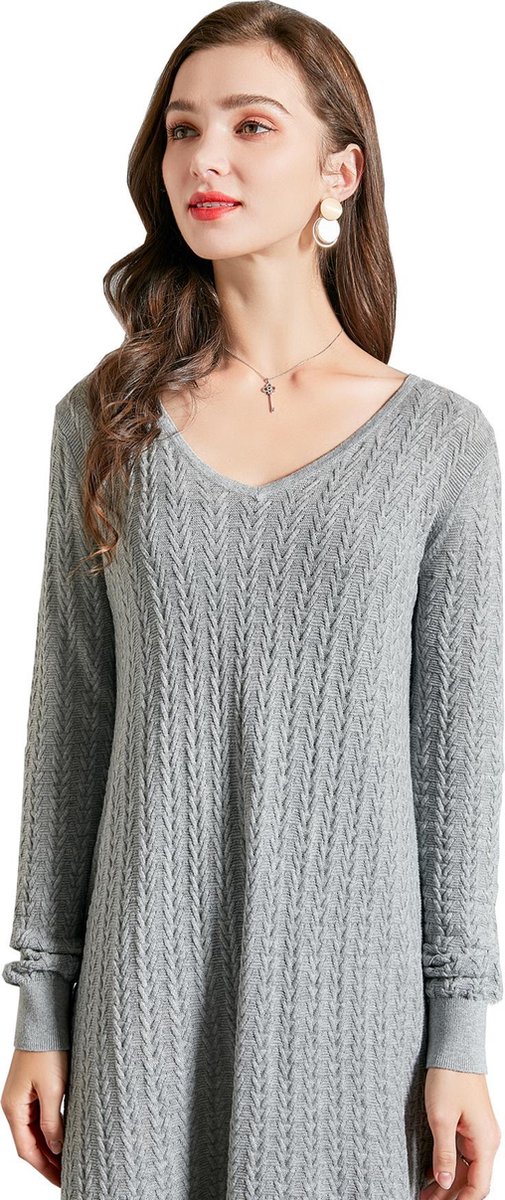 Manlee - m.l. Gebreide midi jurk met lange mouwen en V-hals. Maat: L