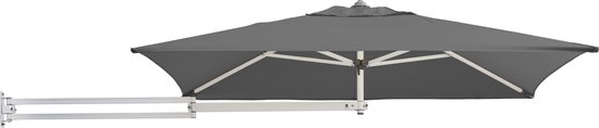 Donkergrijze rechthoekige muurparasol met een wit frame, gedeeltelijk geopend en gemonteerd op een muur.