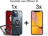 iPhone 11 hoesje Kickstand Ring shock proof case transparant zwarte randen magneet - 3x iPhone 11 screenprotector