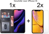 iPhone 11 hoesje bookcase zwart wallet case portemonnee book case hoes cover - 2x iPhone 11 screenprotector screen protector