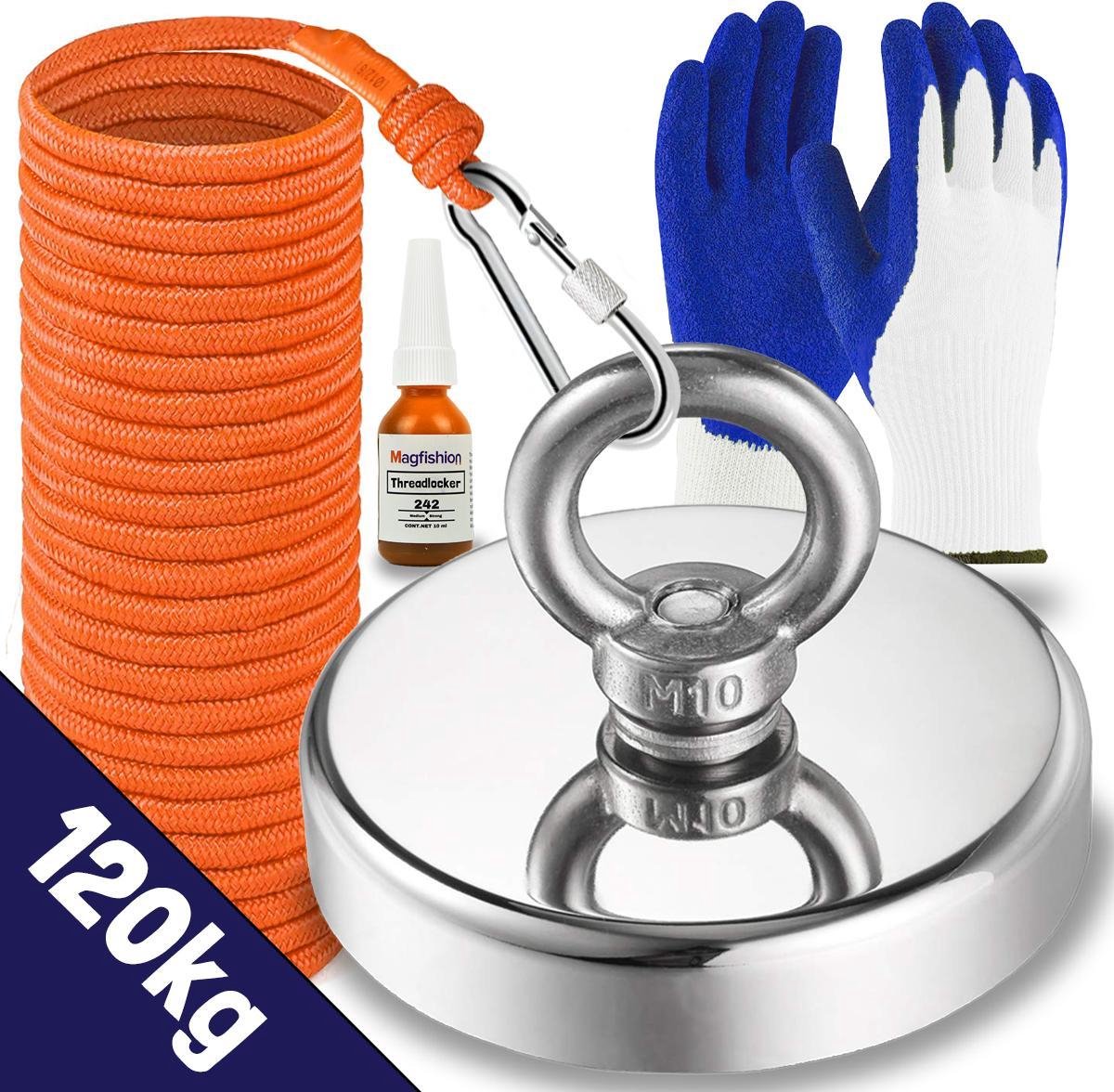 Magfishion® Vismagneet Set - 120 KG - Magneetvissen - 20m Touw + Karabijnhaak met Schroefsluiting -
