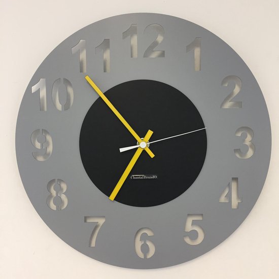 HORLOGE MURALE AMSTERDAM GRIS CERCLE BLACK -- POINTEURS JAUNES -- DESIGN HOLLANDAIS MODERNE