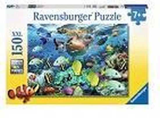 Ravensburger 150 stukjes puzzel van een onderwaterwereld met veel kleurrijke vissen en koraal.