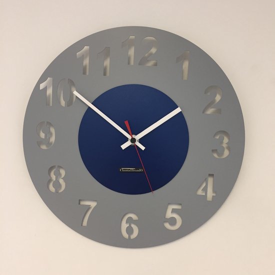 HORLOGE MURALE AMSTERDAM GRIS ET CERCLE BLEU -- POINTEUR ROUGE -- DESIGN HOLLANDAIS MODERNE