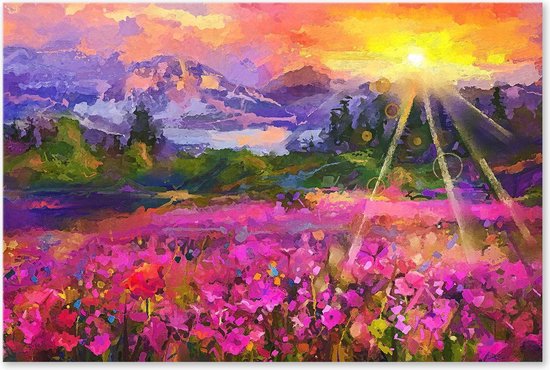 Graphic Message - Peinture sur toile - Paysage Bloemenveld près de Montagnes - Rose - Fleurs Kunst