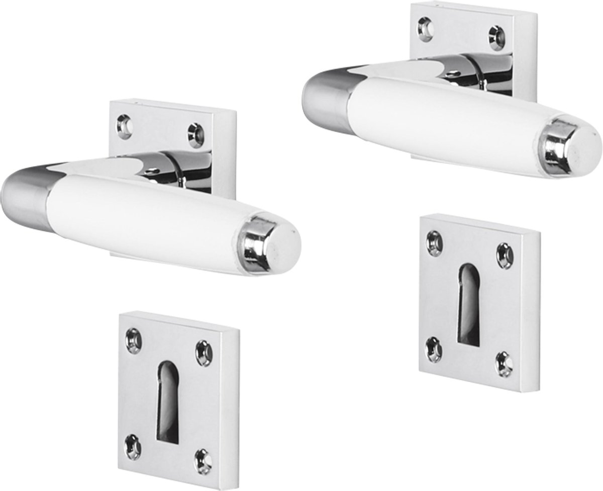 Deurkruk - Impresso Durban - Voor binnen - Vierkant met schroeven en vierkant sleutelrozet - Chroom - Wit - 2 stuks