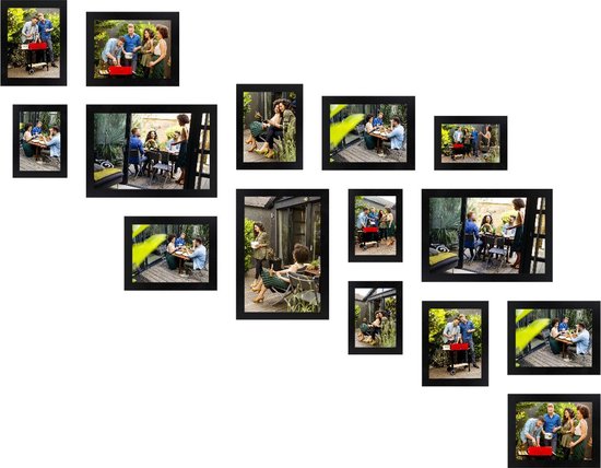 HAES DECO - Collage set met 15 houten fotolijsten Paris zwart voor foto's formaat 10x15, 13x18, 15x20 en 20x30 - SP001901-15