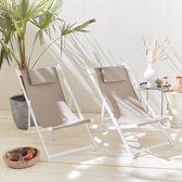 Lot de 2 Chaises longues - Gaia taupe - en aluminium blanc et textilene taupe avec coussin repose