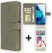 Samsung Galaxy S21 FE Hoesje Grijs & Glazen Screenprotector - Portemonnee Book Case - Kaarthouder & Magneetlipje