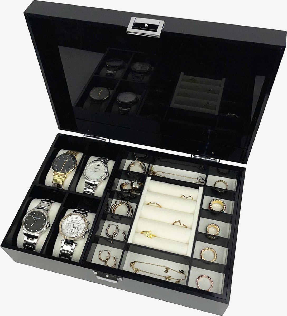Sieradendoos Cindy | Met anti-slip mat Vakjes voor ringen en sieraden | Zwart | Acryl | Met naar boven openslaande klep |Sieraden organizer | Jewellery organizer | Jewelery organizer | Organizer | Sieradenbox | Jewellery box | Jewelery box |Beautybox