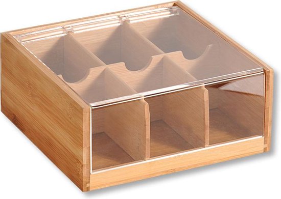 4goodz Theedoos met 6 vakken acrylkap bamboe 22x21x9,5cm - Bruin