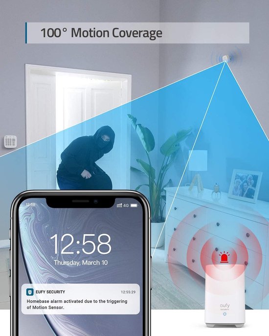 Animatie: een inbreker wordt gedetecteerd door een Eufy bewegingssensor en de Homebase geeft een alarm.
