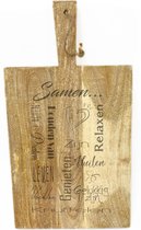 Rechthoekige stoere landelijke snijplank-hapjesplank met tekst gravure: SAMEN. Cadeau-bruiloft-trouwdag-samenwonen. Het formaat is 25x45cm incl. handvat en 25x33cm excl. handvat