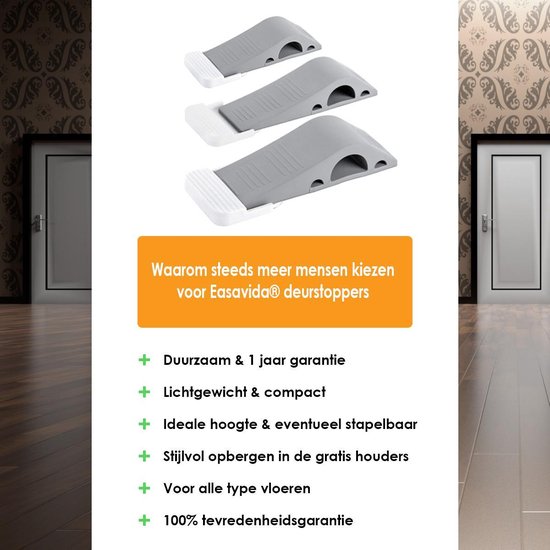 Easavida – Deurstoppers – Van Rubber – 12x4x2.5 cm – Set van 3 – Stapelbaar – Met Houder – Deurwig – Voor Binnen en Buiten – Grijs – Deurbuffer – Deurklem