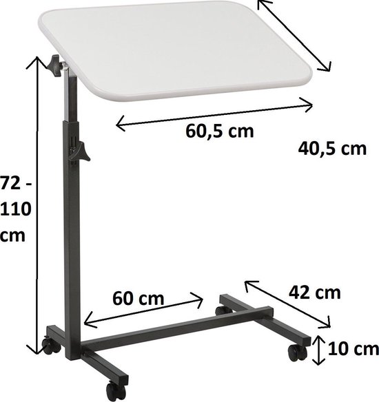 Bijzettafel - bedtafel - zijtafel - blad 60,5 x 40.5 cm - licht grijs blad - met wielen - Careline
