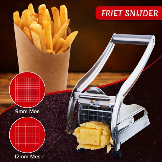 Zilveren frietsnijder met een bakje frietjes ernaast. "FRIET SNIJDER" met 9mm en 12mm mes-opties.