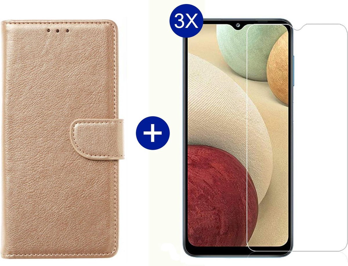 BixB Samsung A12 hoesje - Met 3x screenprotector / tempered glass - Book Case Wallet - Goud
