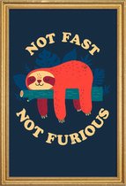 JUNIQE - Poster met houten lijst Not Fast, Not Furious -13x18 /Blauw