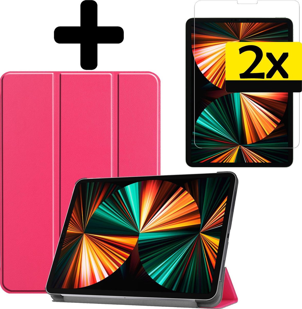 Hoes - Geschikt voor Apple iPad Pro (2021) - 11 inch - 3e generatie - Met Screenprotector - Trifold Bookcase - Hard Cover - Hardcover Book Case - Tablet Hoesje - Donkerroze